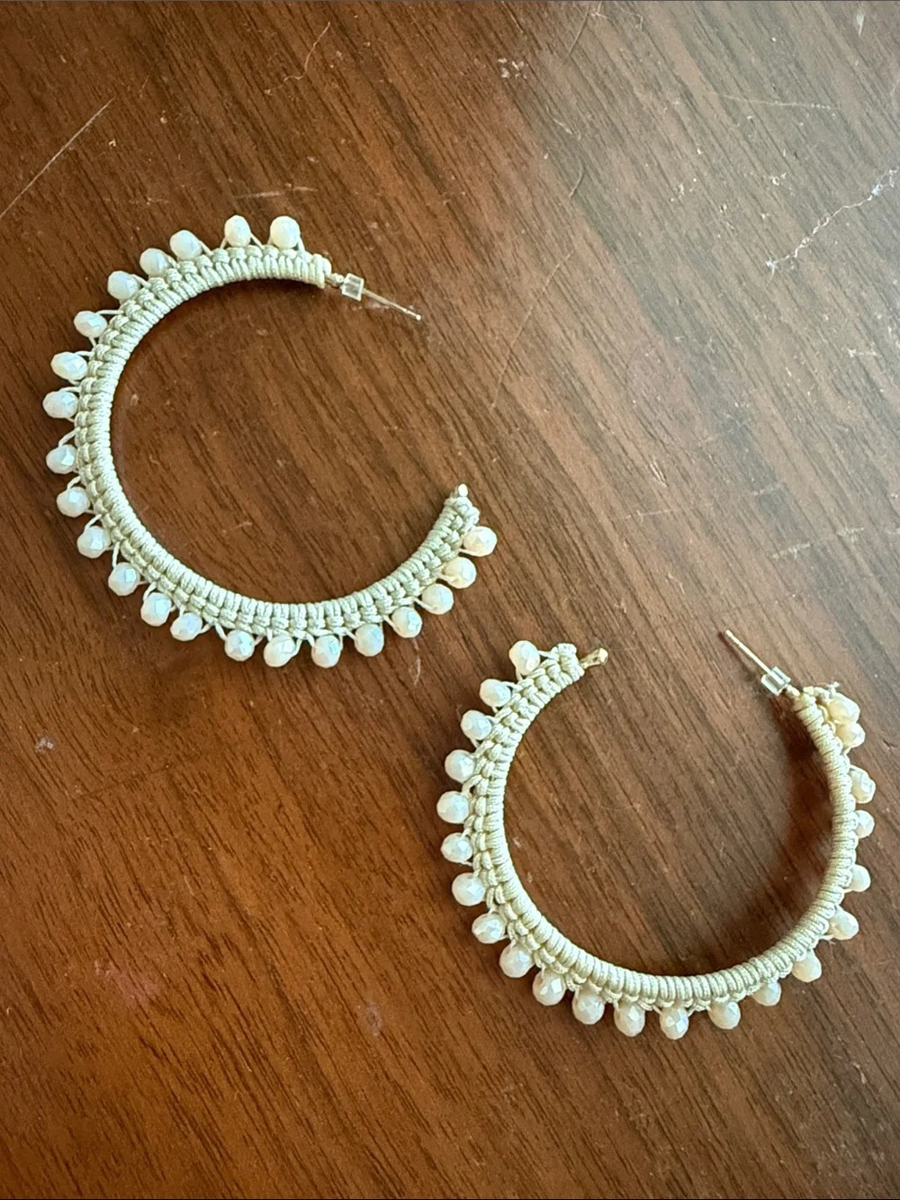 Handcrafted Cream Beaded Hoop Earrings